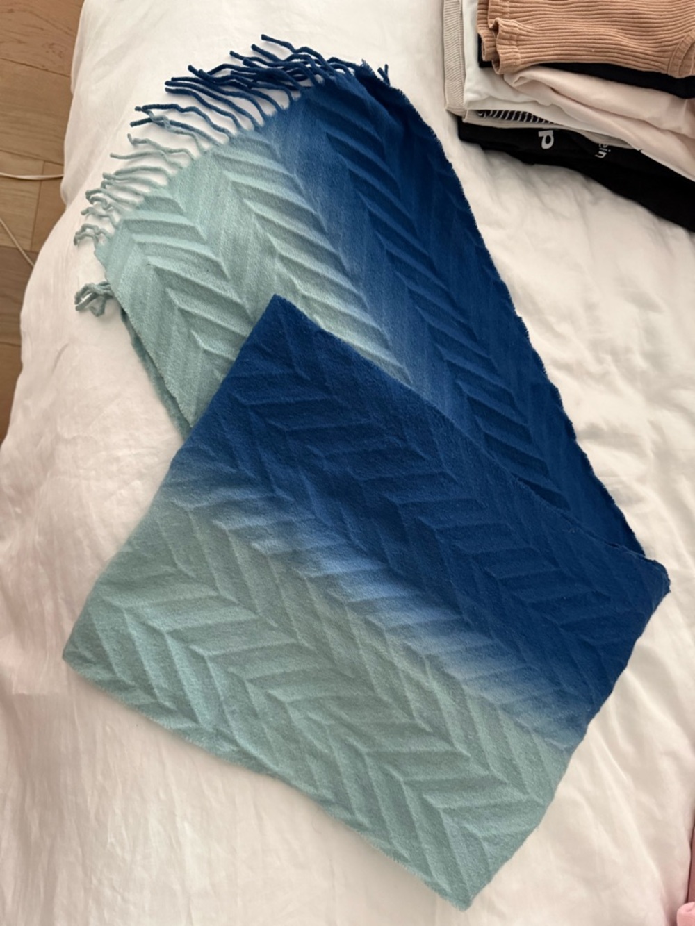 Ombre Blue Knit Fringe Scarf